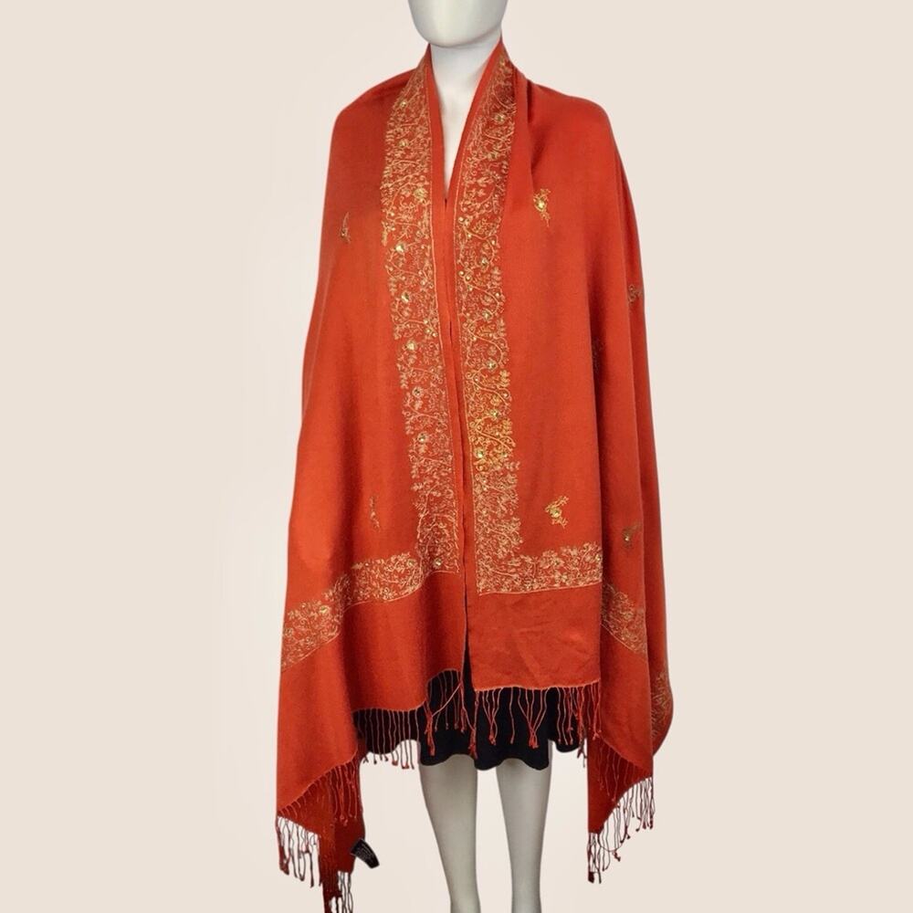 Pashmina Cashmere Blanket Scarf Wrap Orange Gold Embroidered Thread & Sequin - Picture 3 of 12